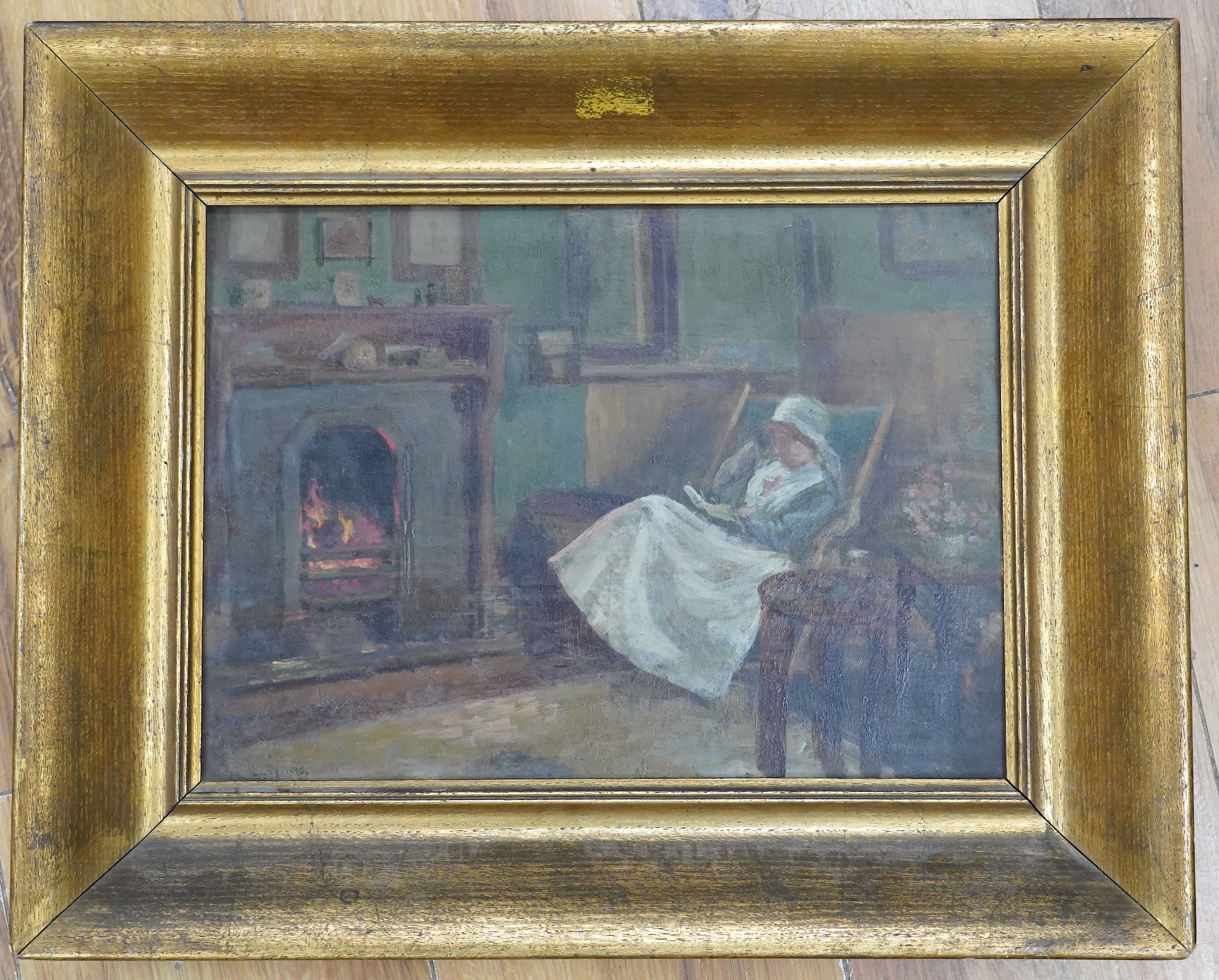 Modern British, oil on board, Nurse in an interior, inscribed ‘To Luke 1926’, 23 x 31cm, gilt framed
